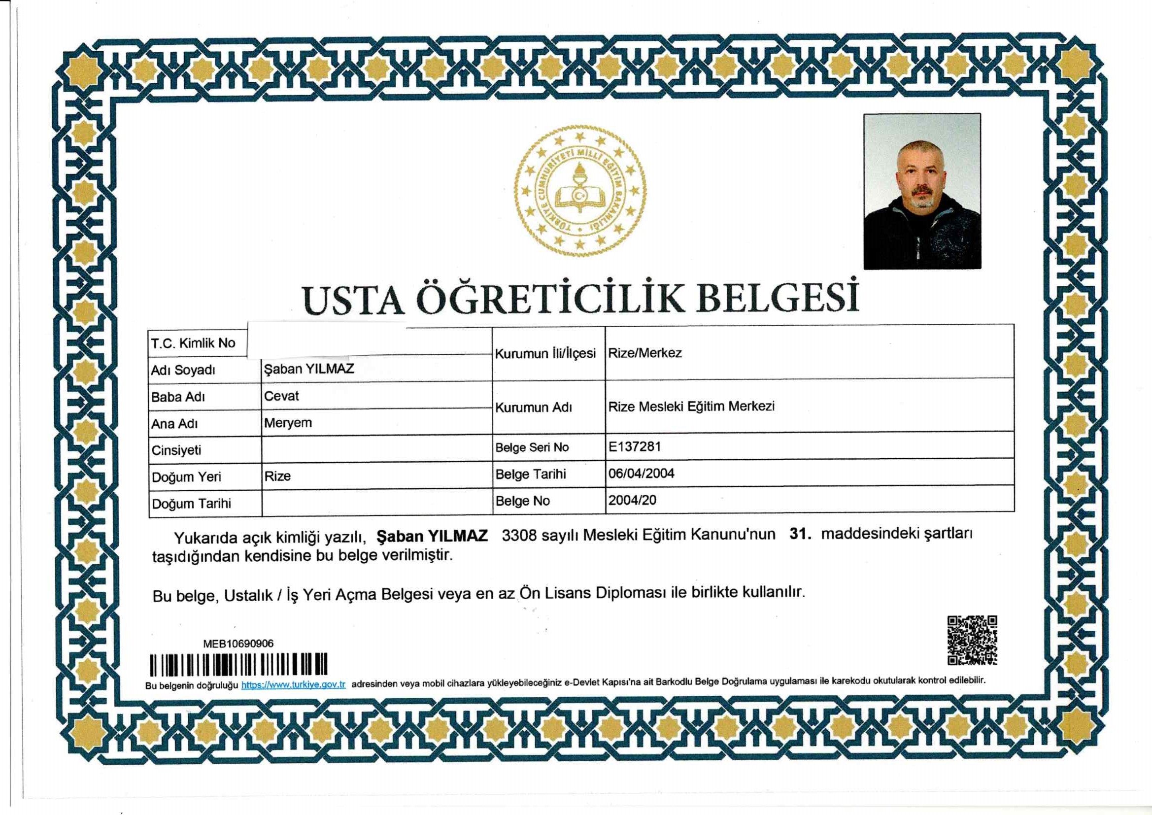 Usta Öğretici Belgesi